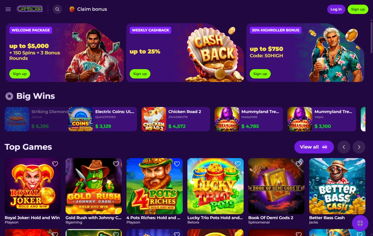 Startseite von Gambloria Casino mit Lobby, Sportwetten und aktuellen Aktionen