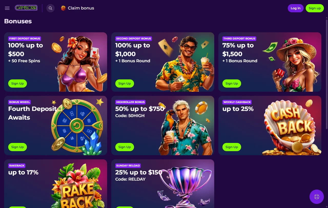 Spielelobby von Gambloria Casino mit Slots von Pragmatic Play und Hacksaw Gaming