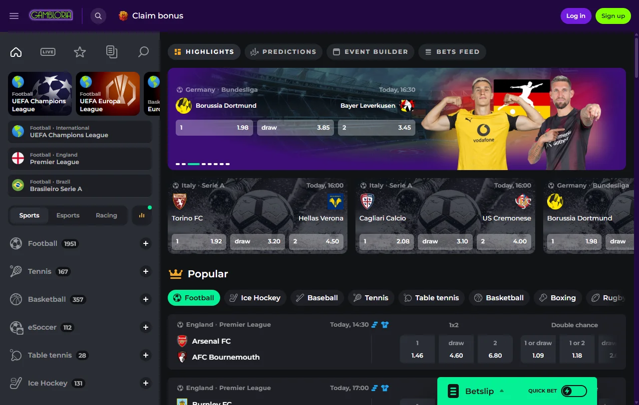 Bonusbereich von Gambloria Casino mit Willkommenspaket, Cashback und Sonntags-Reload
