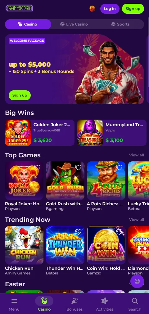 Mobile Web-App von Gambloria Casino mit ausklappbarem Seitenmenü am Handy