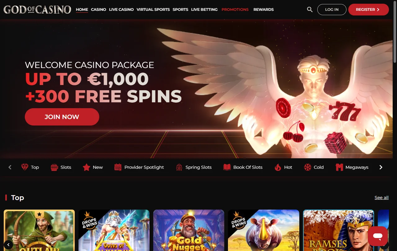 Startseite von God of Casino mit Überblick über Casino, Live-Bereich und Sportwetten