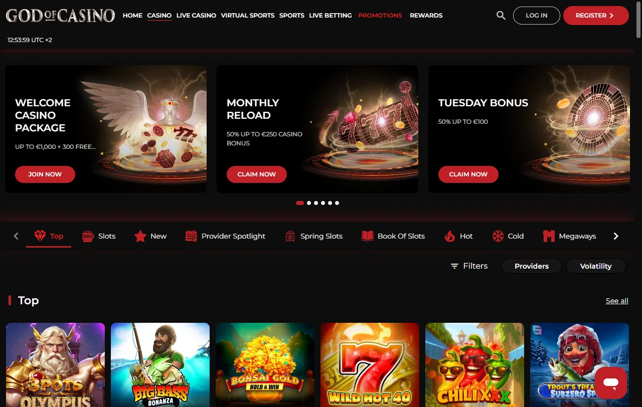 Spielauswahl bei God of Casino mit Slots von Novomatic, Pragmatic Play und Hacksaw