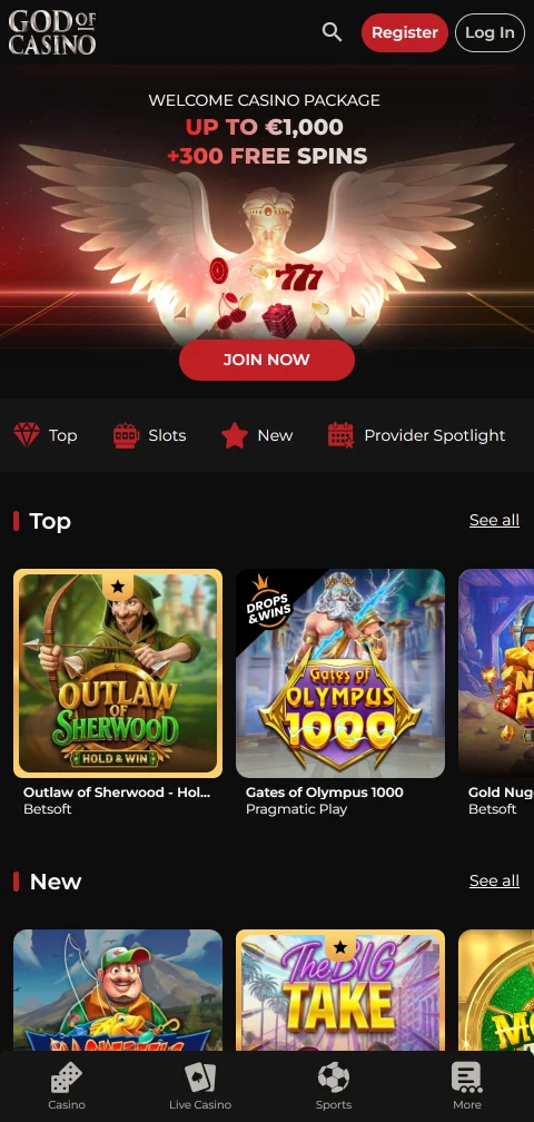 God of Casino im mobilen Browser auf dem Smartphone ohne eigene App
