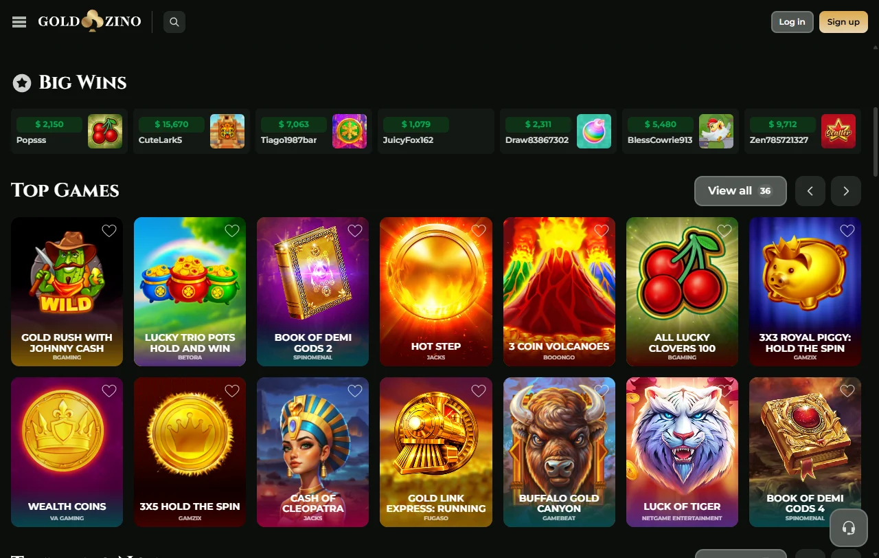 Goldzino Bonusbereich mit Ersteinzahlungsbonus, Cashback und Treuestufen Bronze bis Platinum