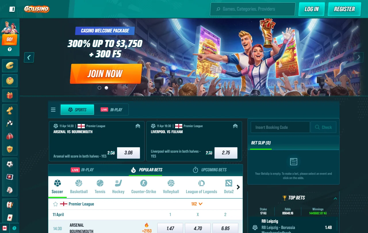 Golisimo Casino Startbereich mit Fußballthema, Casino, Live-Casino, Jackpots und Sportwetten