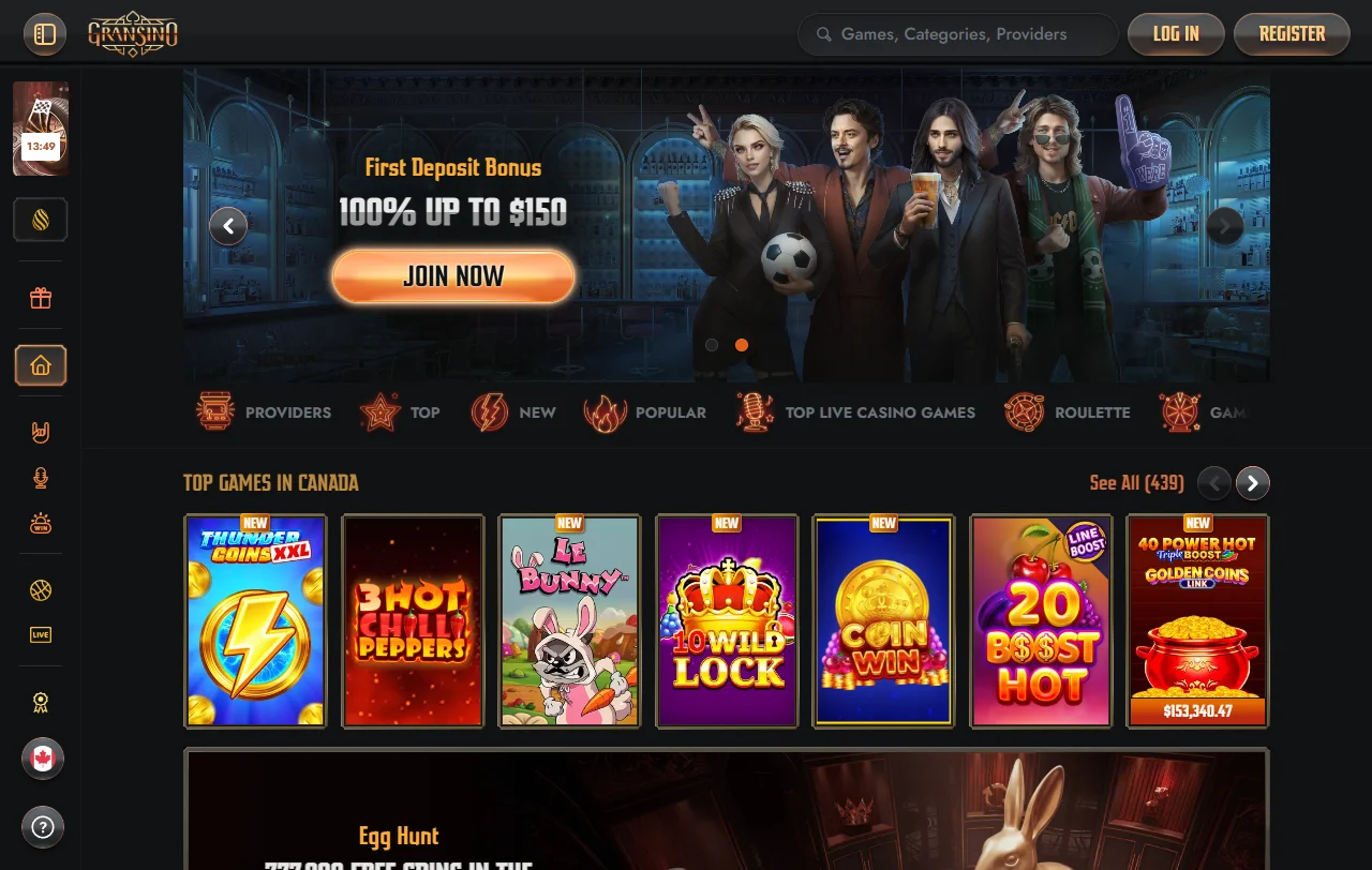 Gransino Casino Startseite mit Kategorien für Spiele, Sportwetten und Aktionen