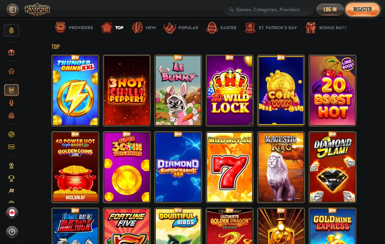 Spielbibliothek von Gransino mit Slots von Novomatic, Pragmatic Play und Evolution