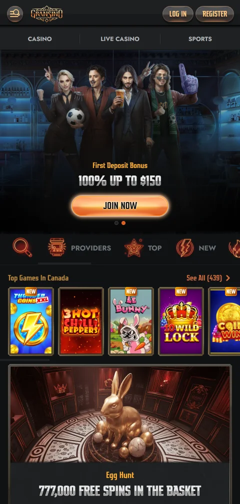 Gransino Casino im mobilen Browser mit Suchleiste und Herstellerfilter