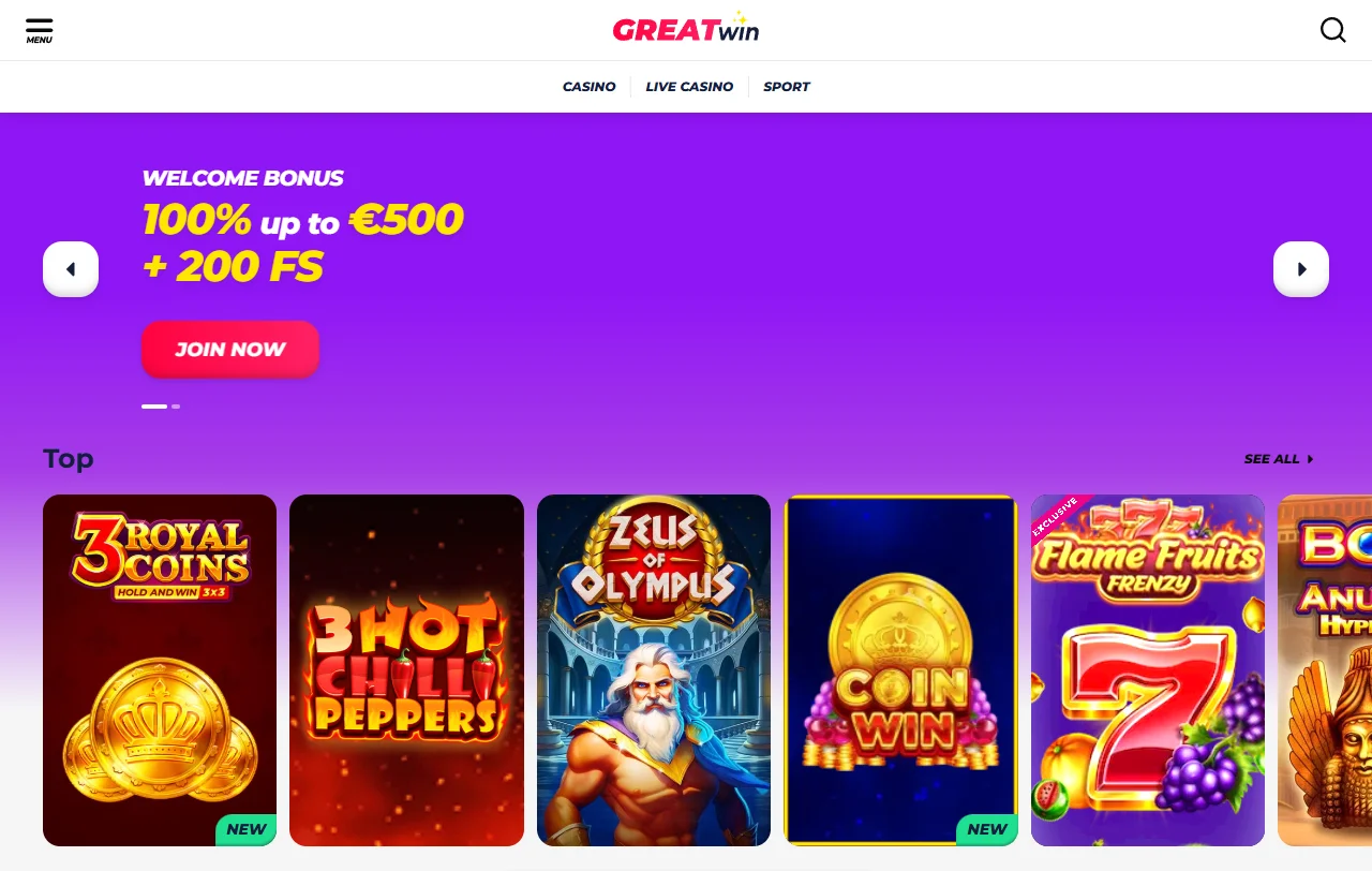 Startseite von GreatWin Casino mit Überblick über Angebot und Sportwetten