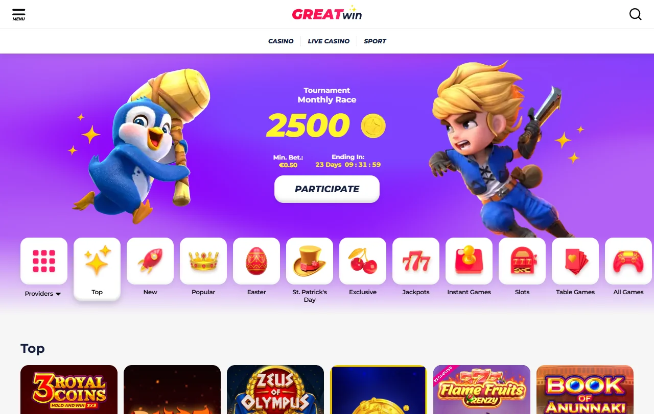 Spielbibliothek von GreatWin Casino mit Slots von Merkur Gaming und Pragmatic Play