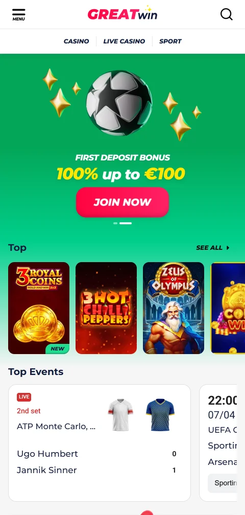 GreatWin Casino als Web-App im mobilen Browser am Smartphone
