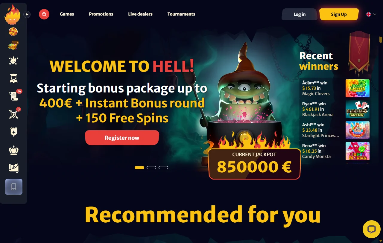 HellSpin Casino Startseite mit Überblick über Angebot und Kategorien für Österreich