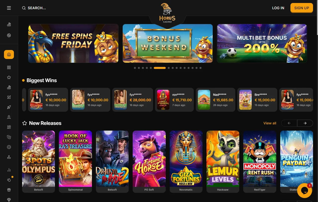 Startseite von Horus Casino mit Überblick über Spielkategorien und laufende Aktionen