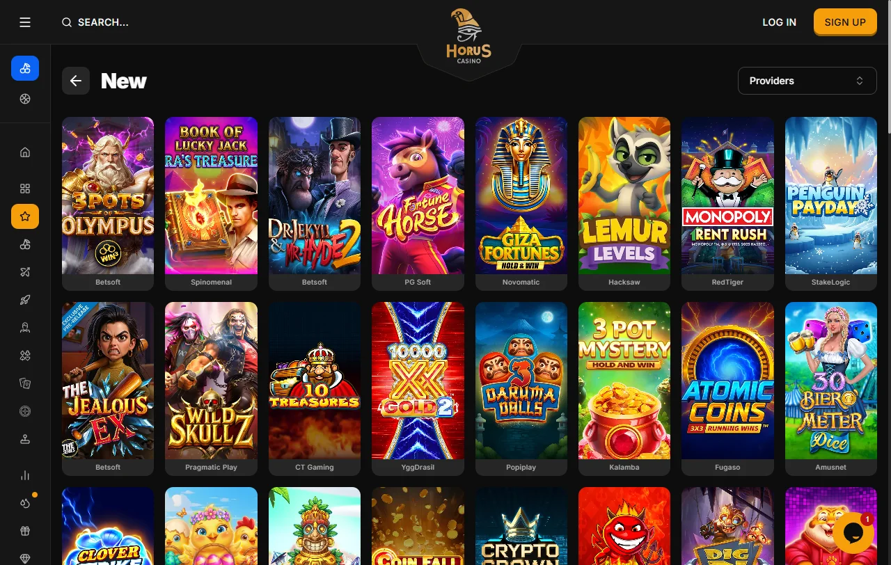 Spielekatalog von Horus Casino mit Slots von Pragmatic Play und NetEnt