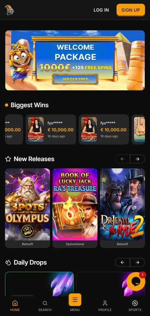 Mobile Browserversion von Horus Casino auf dem Smartphone im Hochformat