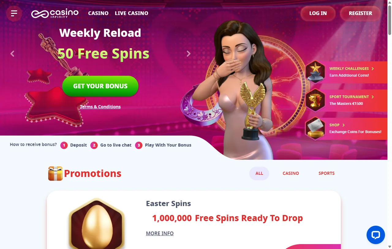 Infinity Casino Startseite mit Überblick über Angebot und Kategorien