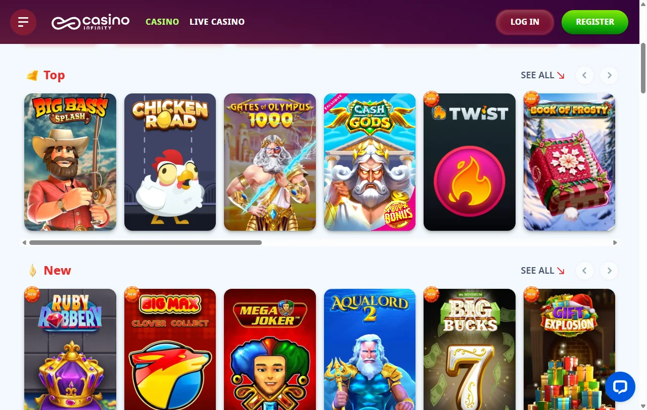 Spielbibliothek von Infinity Casino mit Slots von Merkur und Pragmatic Play
