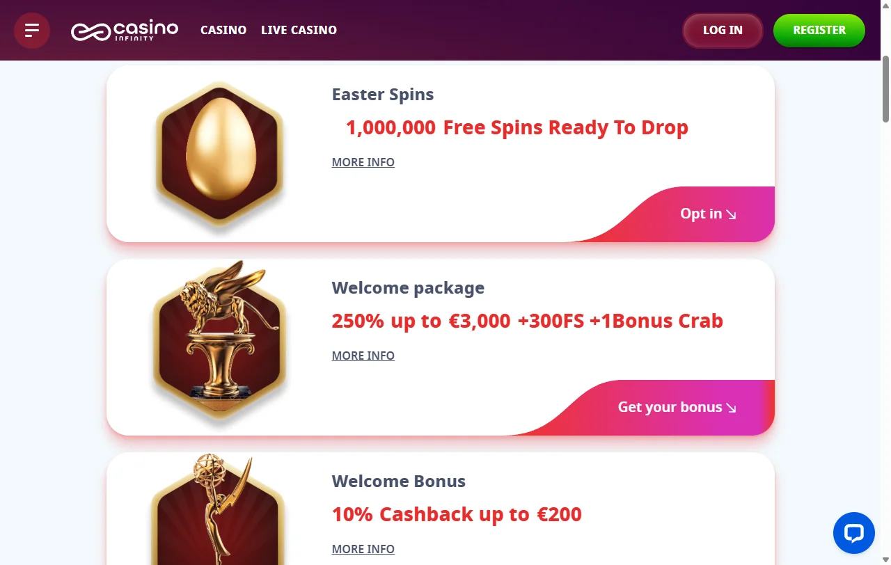 Willkommensbonus bei Infinity Casino mit 100 % bis 500 € und Freispielen
