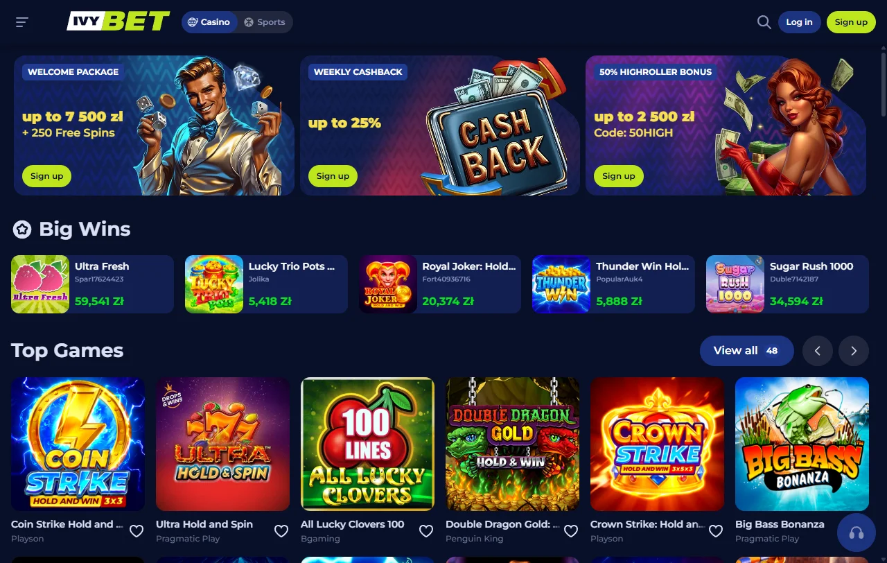 Startseite von Ivybet Casino mit Überblick über Casino und Sportwetten