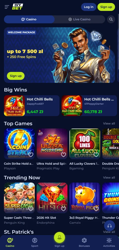 Ivybet Casino im mobilen Browser auf einem Smartphone mit Spielkategorien