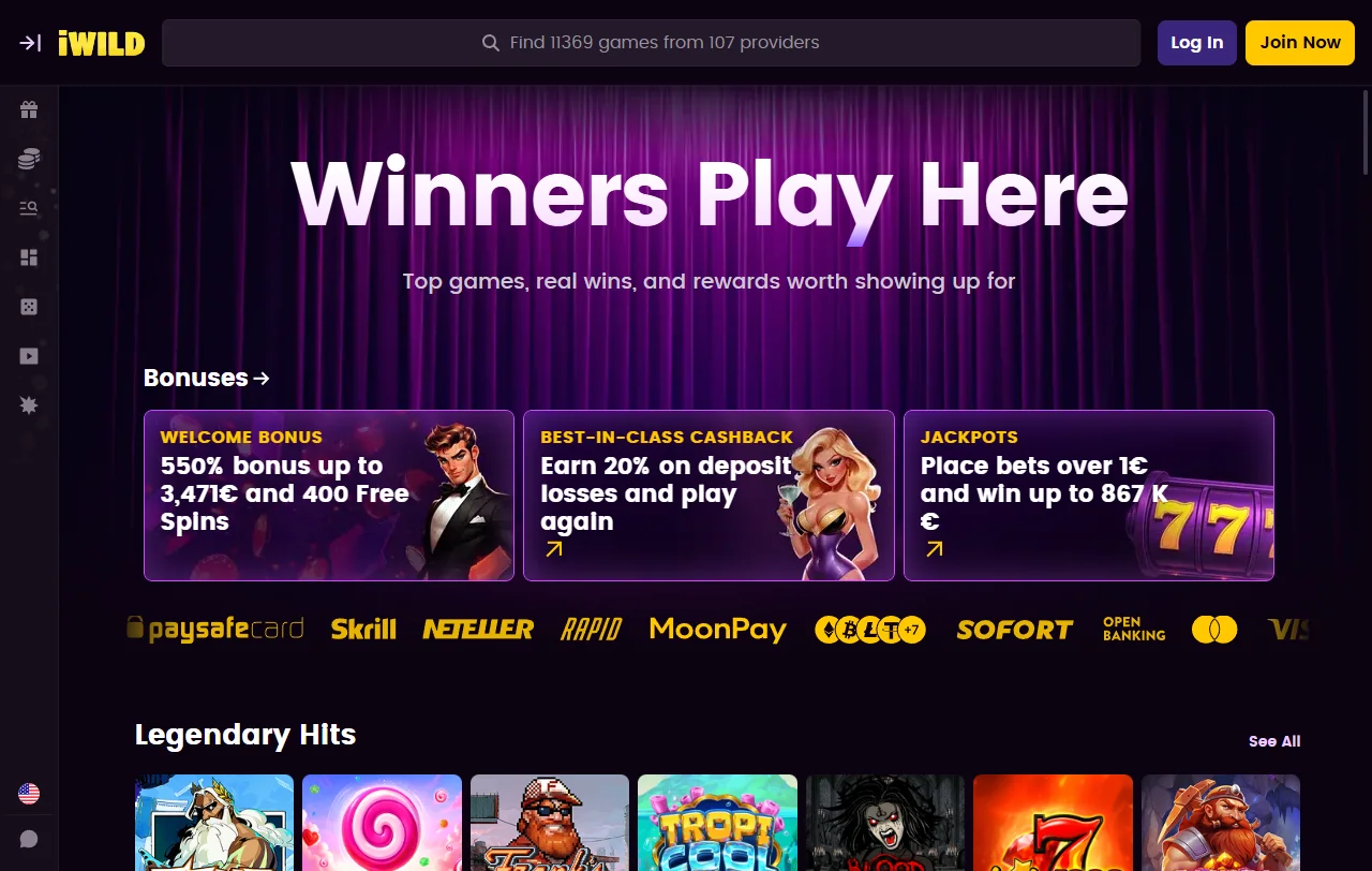 Startseite von iWild Casino mit Comic-Design und Zugang zur Spielelobby