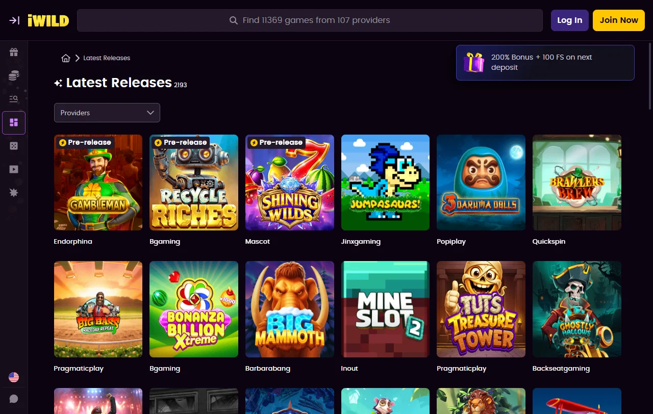 Spielekatalog von iWild Casino mit Slots von Pragmatic Play und Push Gaming