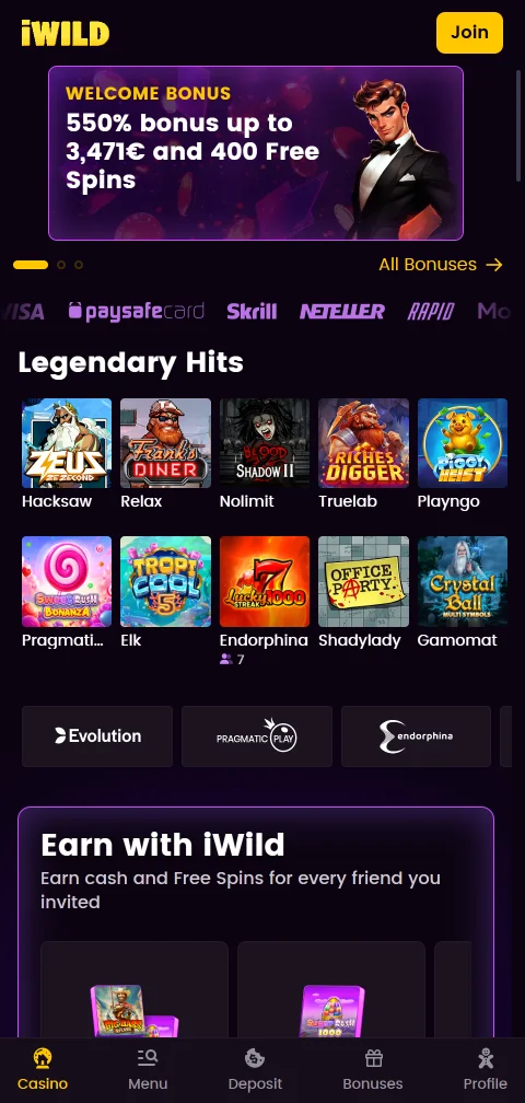 iWild Casino in der mobilen Browserversion auf einem Android-Smartphone