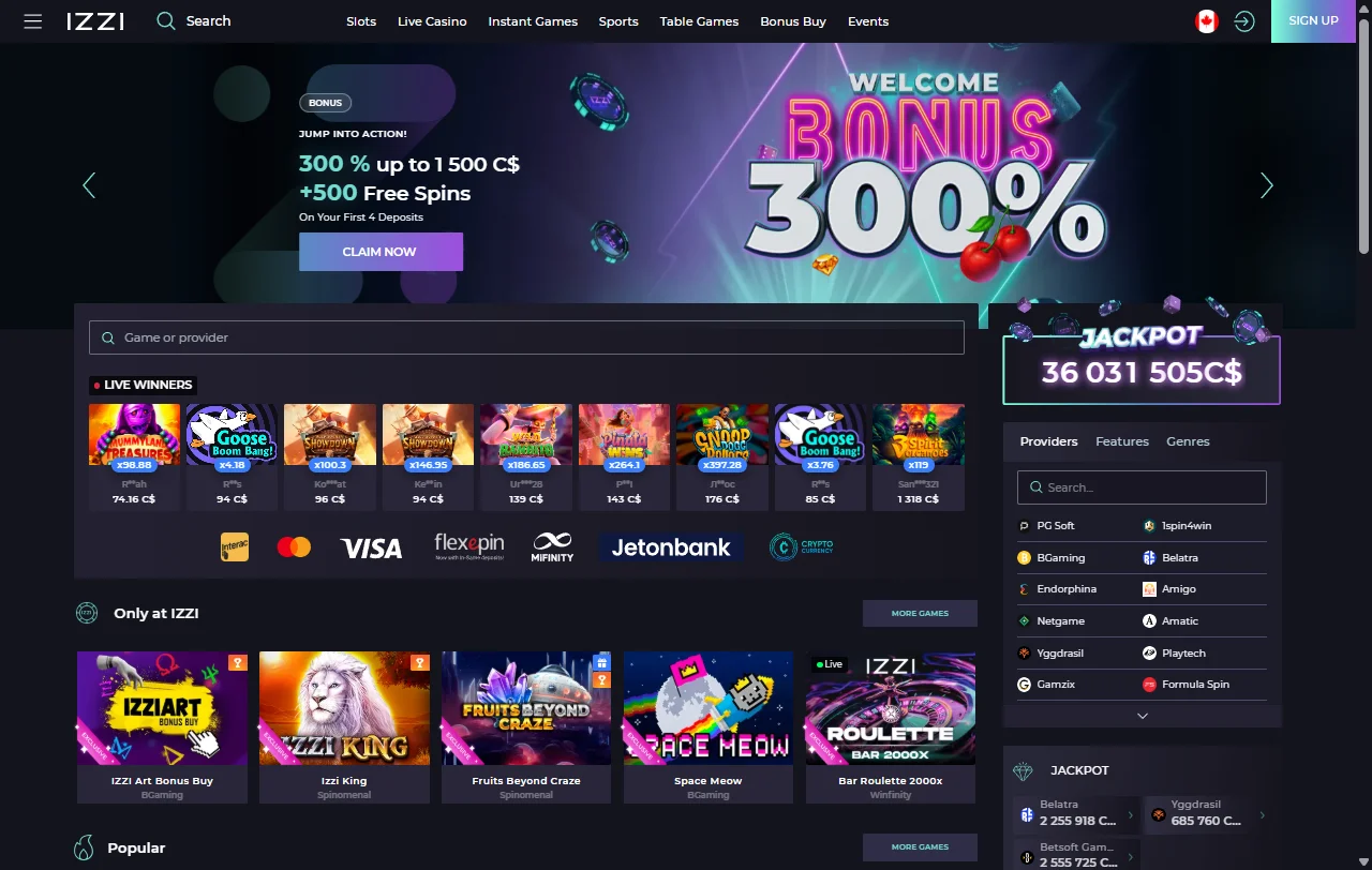 Izzi Startseite mit Überblick über Casino-Lobby und Sportwetten-Bereich