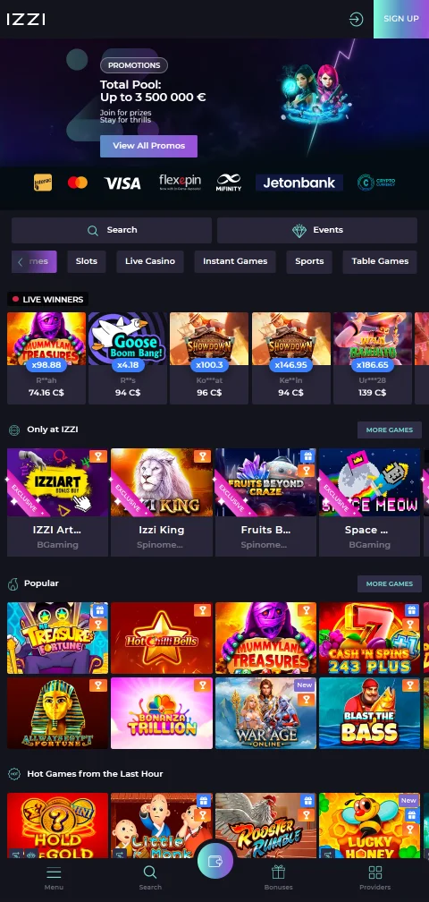 Izzi mobile Version mit Live-Casino-Tischen von Evolution am Smartphone