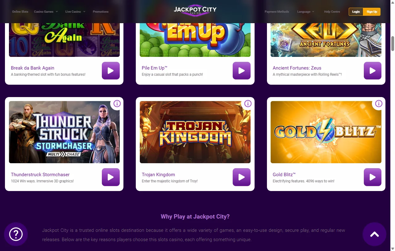 Spielkatalog von Jackpot City Casino mit Games-Global-Slots und Mega-Moolah-Jackpots