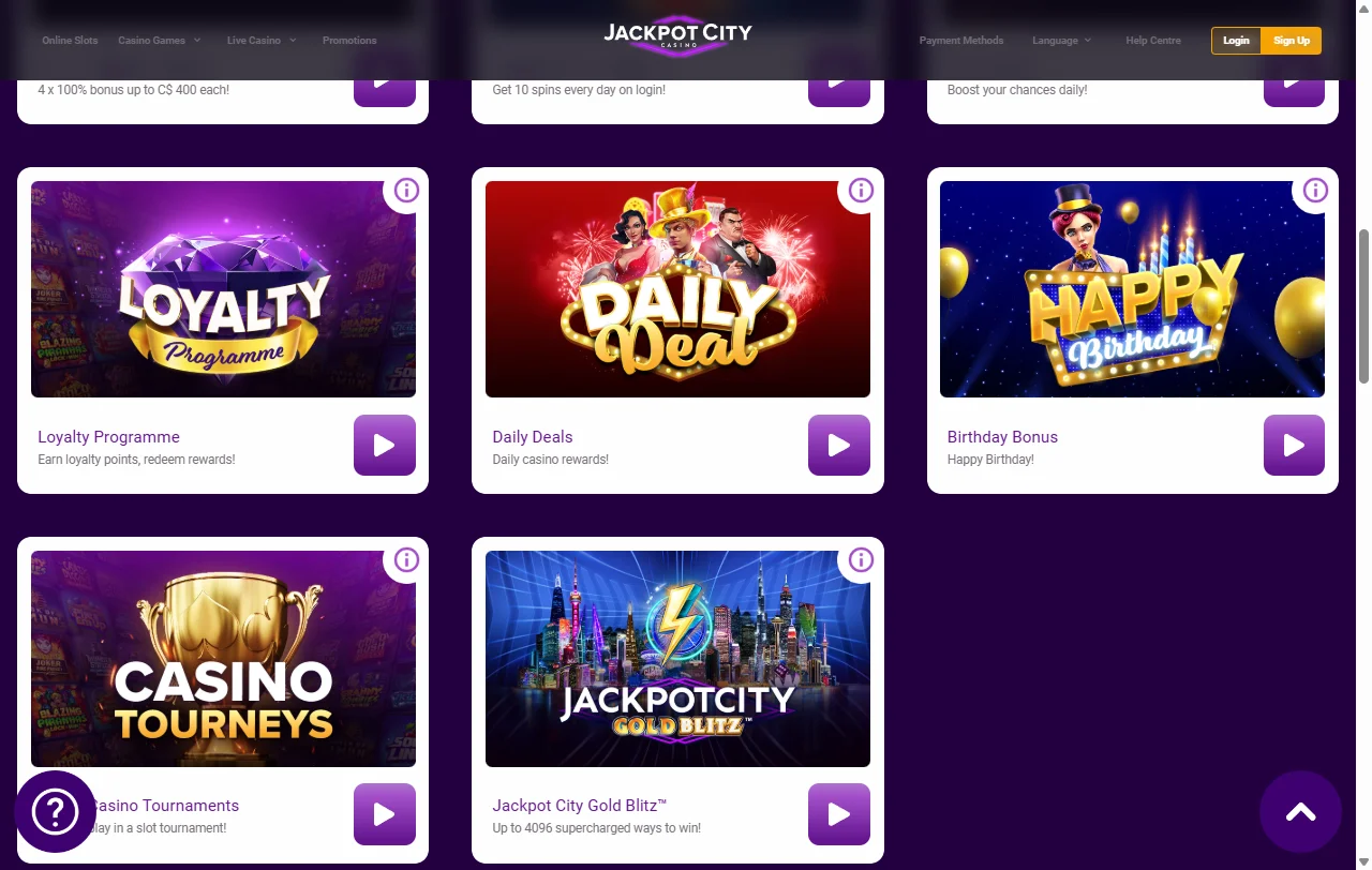 Willkommenspaket von Jackpot City Casino über vier Einzahlungen samt Wagering