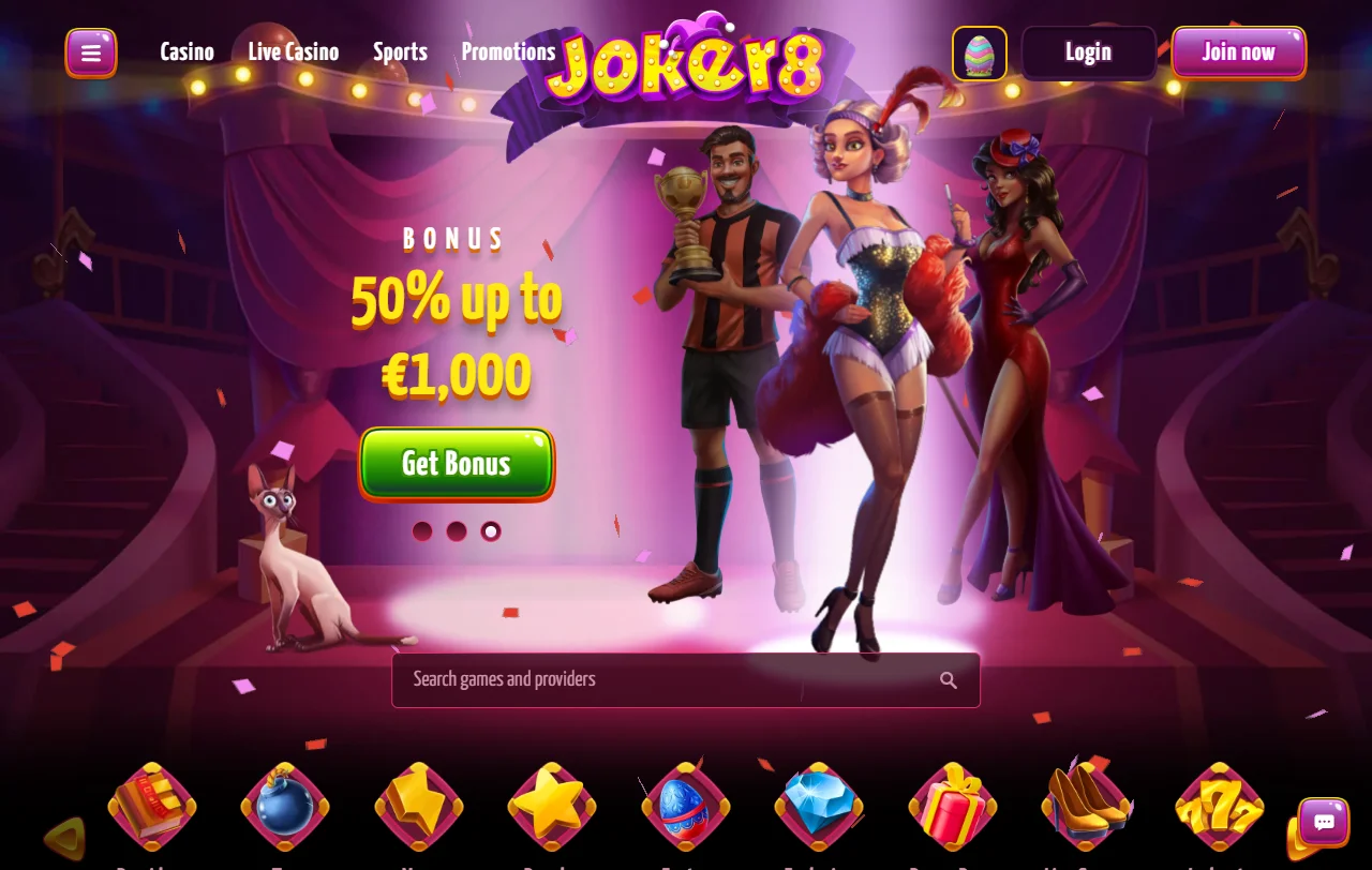Joker8 Casino im Überblick mit Slots, Live-Bereich und Sportwetten auf einer Seite