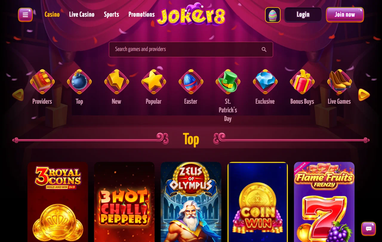 Spielauswahl bei Joker8 Casino mit Titeln von Novomatic, Pragmatic Play und Evolution