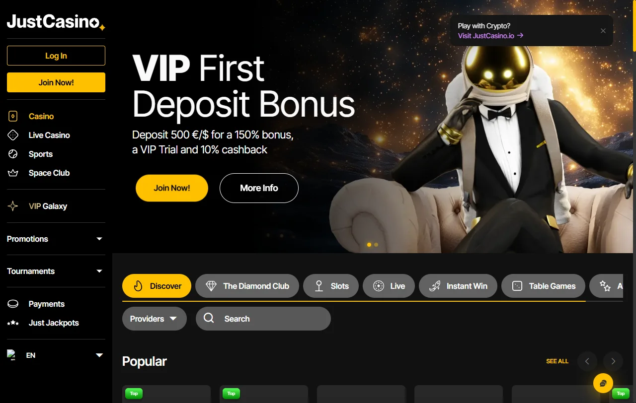 Startseite von Just Casino mit Überblick über Lobby und aktuelle Aktionen