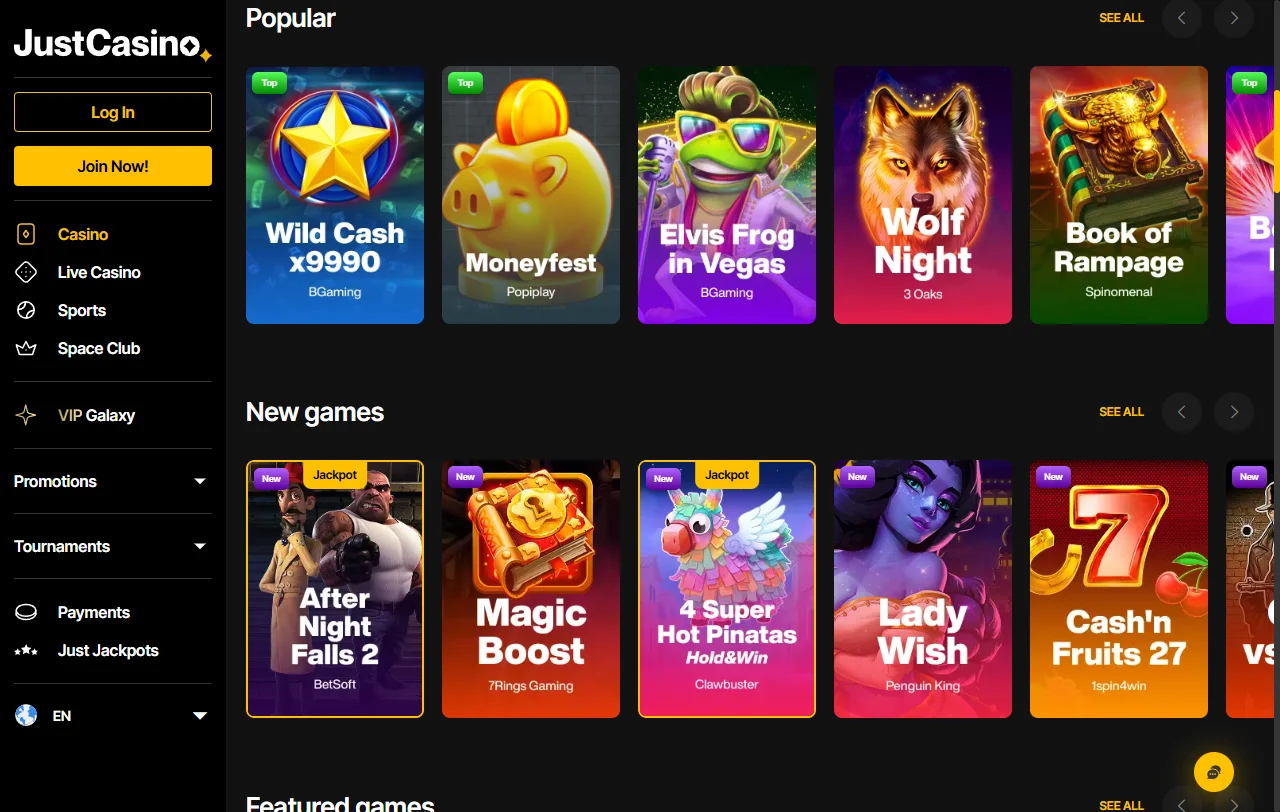 Spielauswahl bei Just Casino mit Slots von Pragmatic Play und Nolimit City