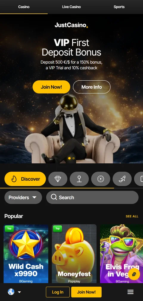 Just Casino im mobilen Browser als Progressive Web App am Smartphone