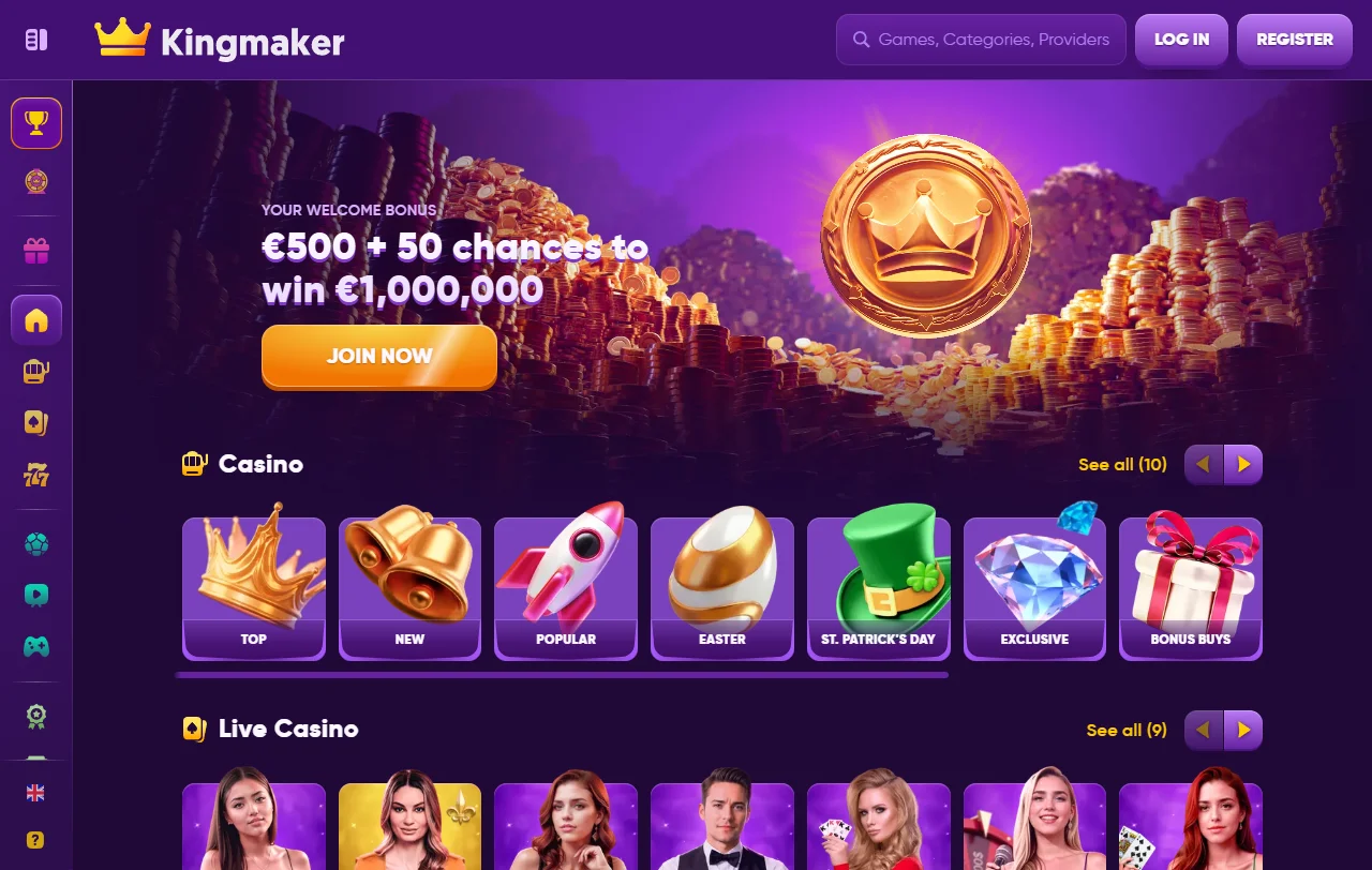 Startseite von Kingmaker Casino mit Spielbereichen und Sportwetten auf einem Konto