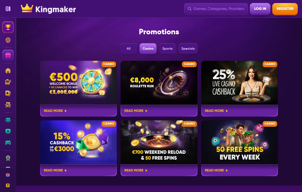 Slot-Lobby von Kingmaker Casino mit Titeln von Novomatic und Pragmatic Play