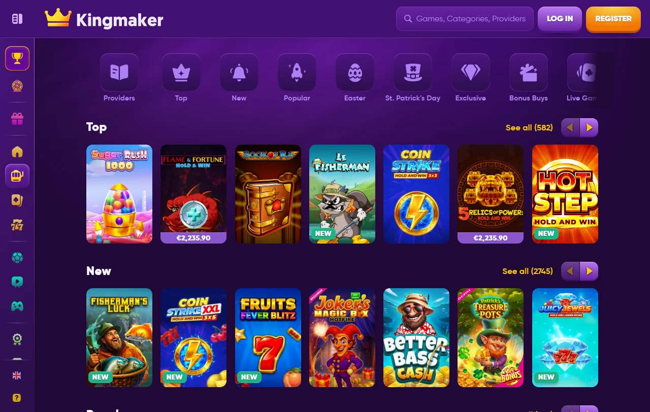 Bonusbereich von Kingmaker Casino mit Willkommensbonus bis 500 € und 35x Umsatz