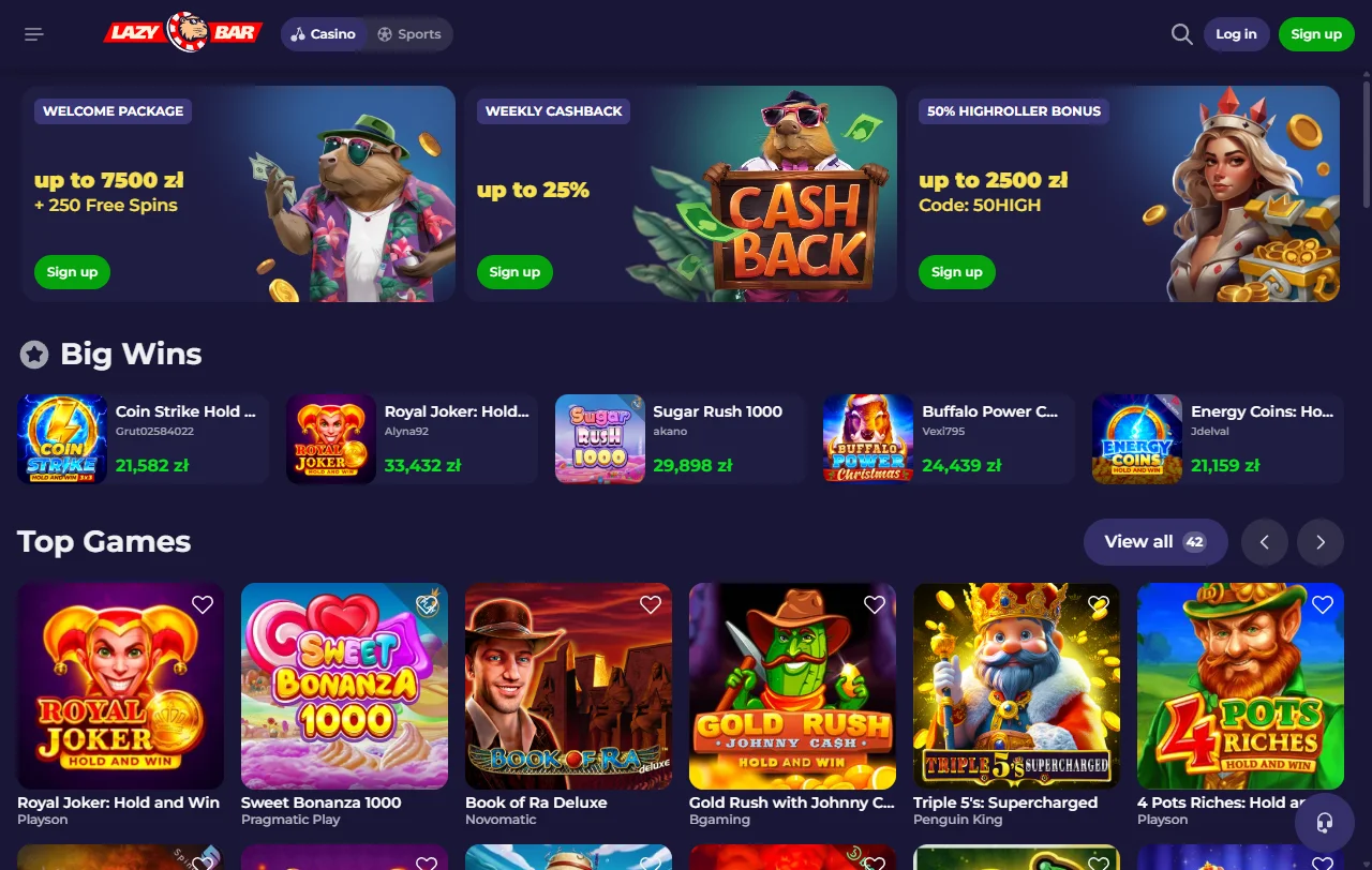 Überblick über LazyBar Casino mit Spielebereich und Sportwetten im selben Konto