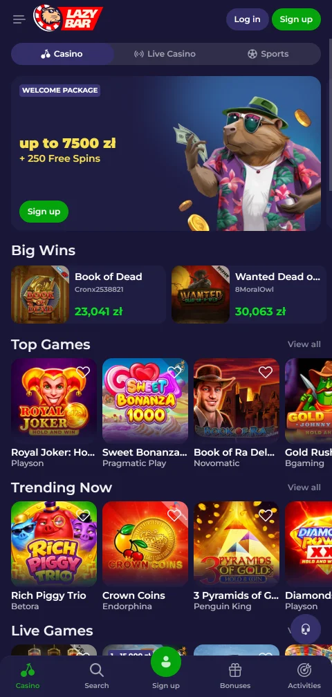 LazyBar Casino im mobilen Browser auf dem Smartphone ohne native App