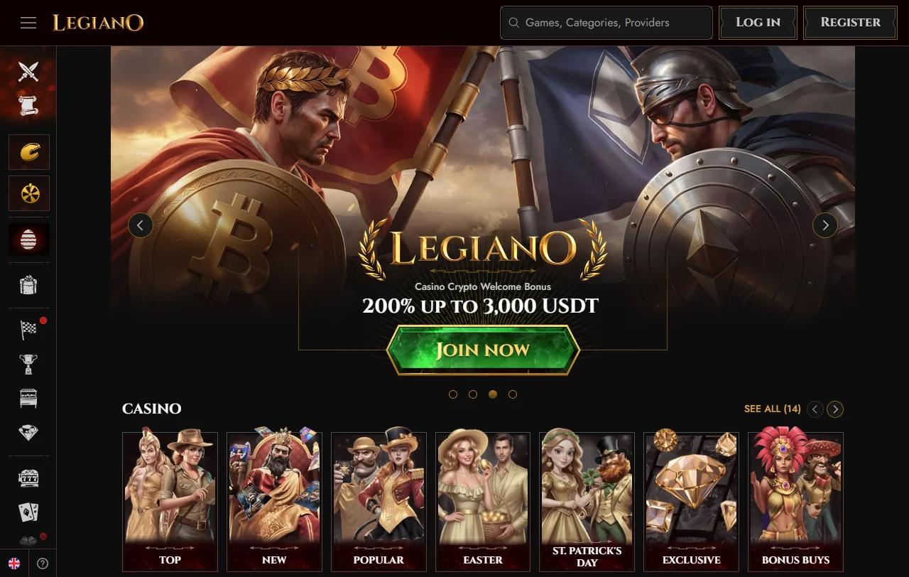 Startseite von Legiano Casino mit Lobby, Kategorien und aktuellen Aktionen