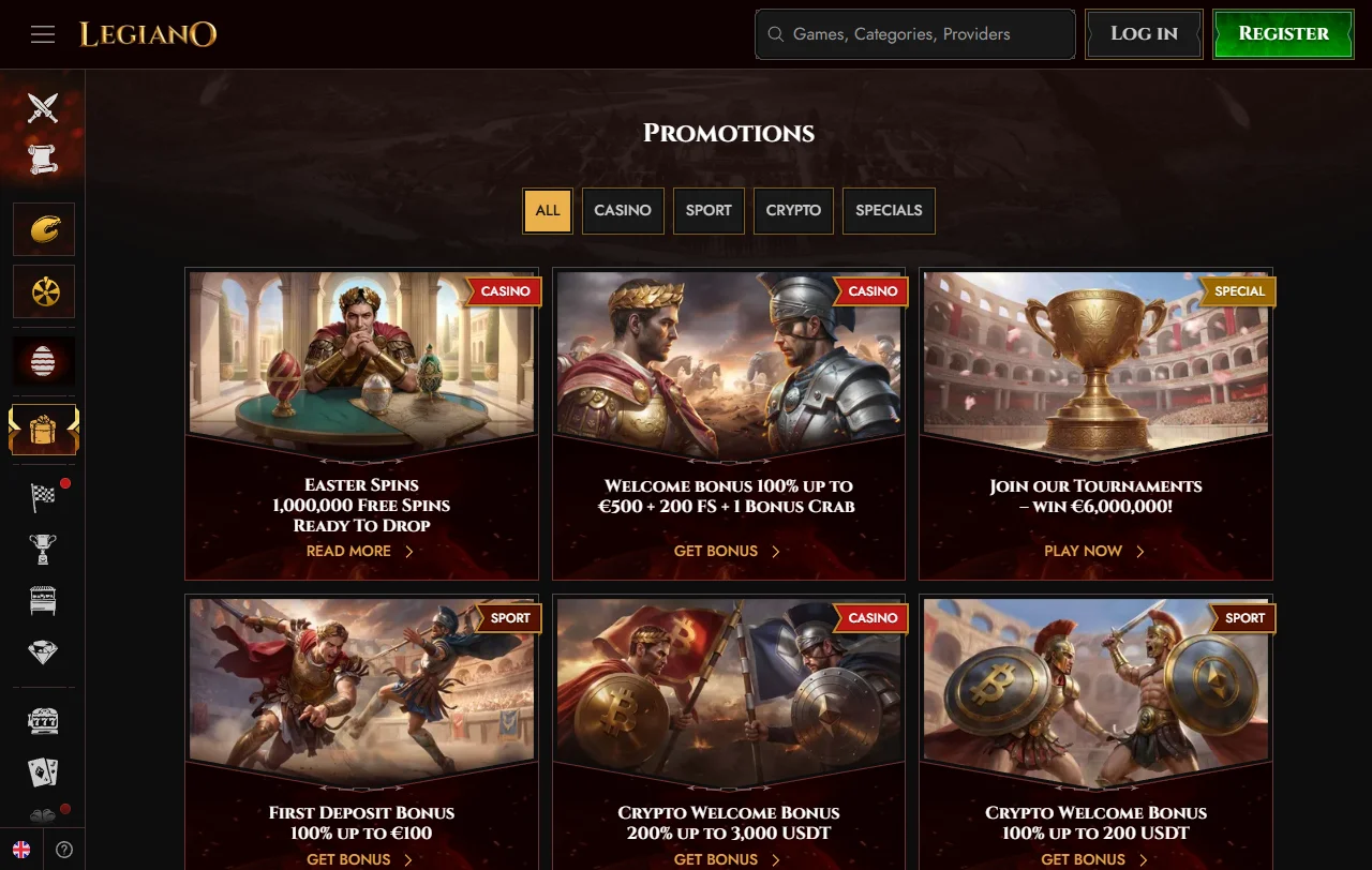 Spielelobby von Legiano Casino mit Slots, Jackpots und Live-Tischen