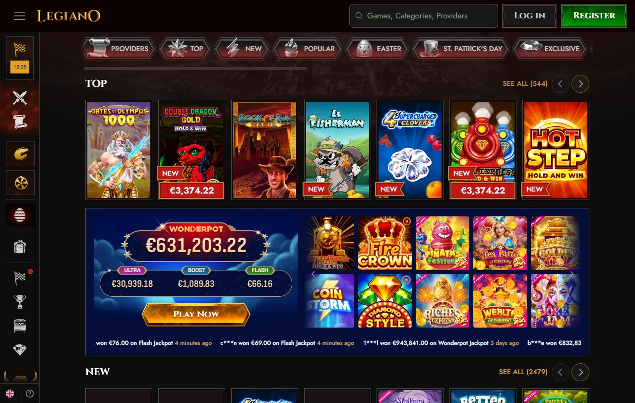 Bonusübersicht von Legiano Casino mit Willkommensbonus und Wochenend-Reload