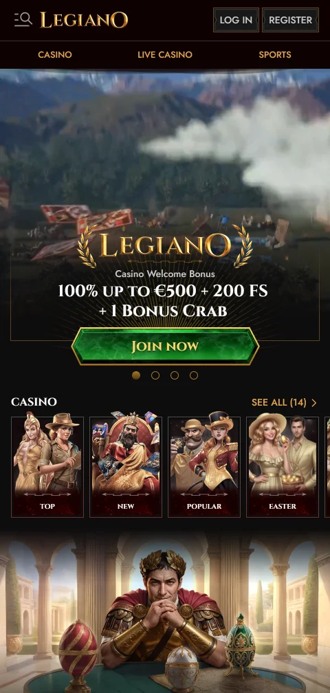 Legiano Casino im mobilen Browser mit angepasster Lobby am Smartphone