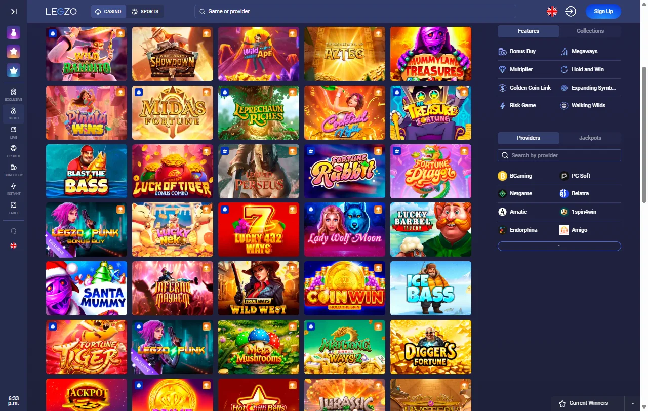 Legzo Casino Spielbibliothek mit Slots von Pragmatic Play und Nolimit City