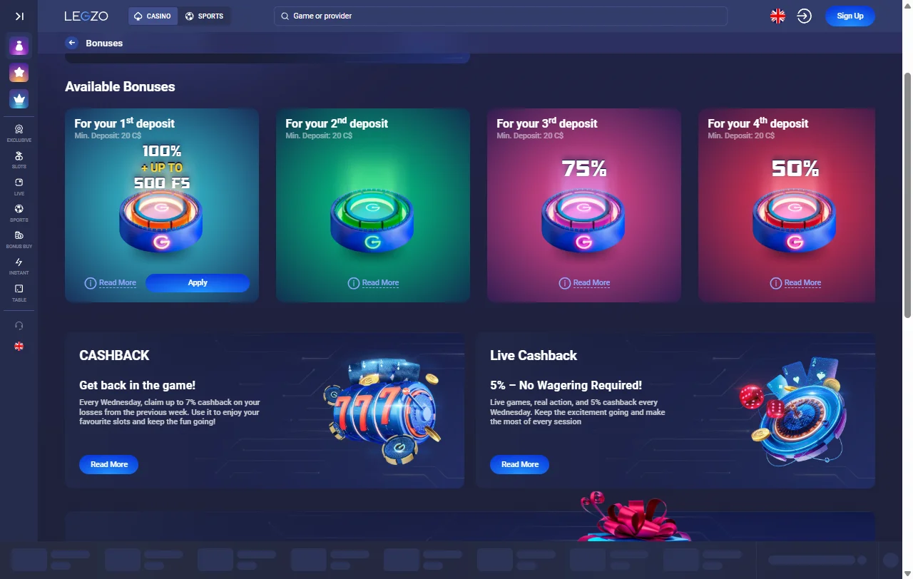 Legzo Casino Willkommensbonus mit 100 % bis 600 € und Free Spins