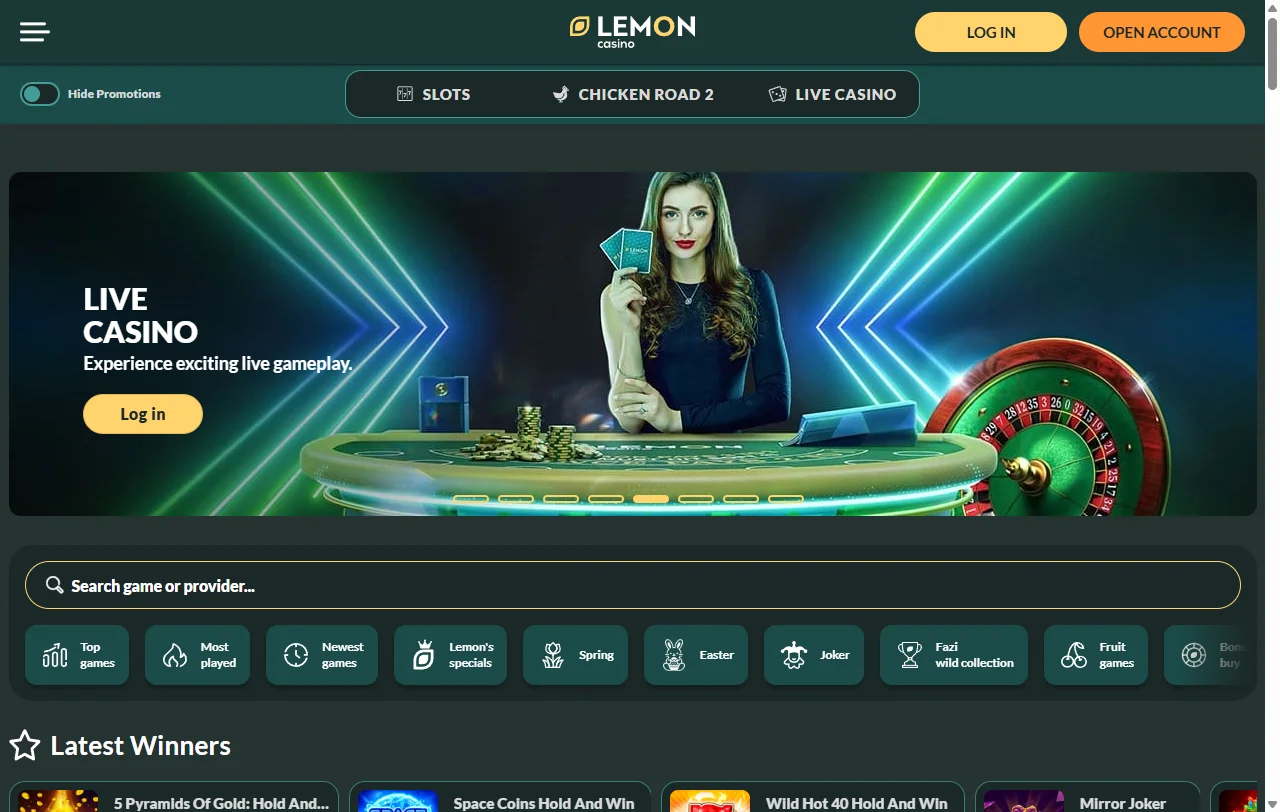 Startseite von Lemon Casino mit Überblick über Spielangebot und Aktionen