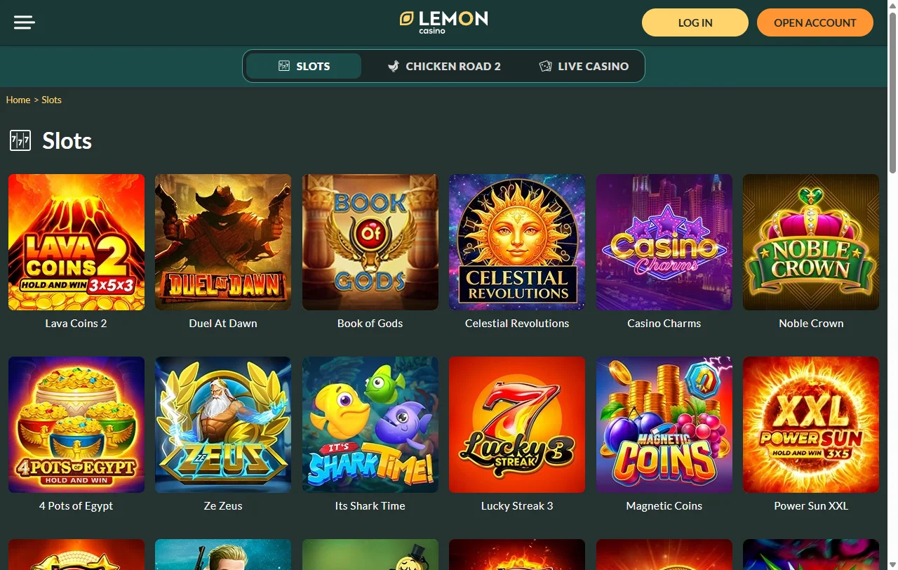 Spielelobby von Lemon Casino mit Slots von Pragmatic Play und NetEnt
