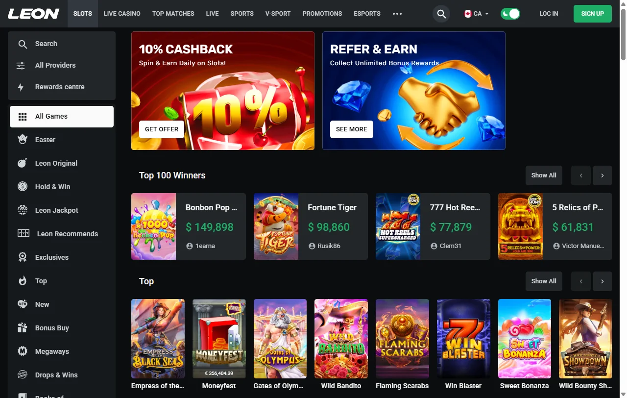 Leon Casino Slot-Katalog mit Spielen von Pragmatic Play, NetEnt und Play